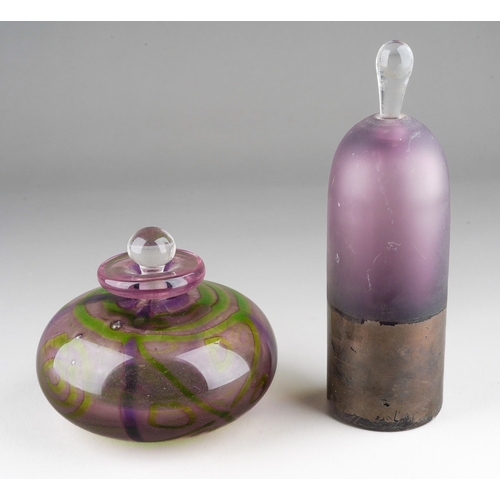 52 - Two Adam Aaronson scent bottles, one circular with stopper, early 1991 signed to base, approx 9cm hi... 