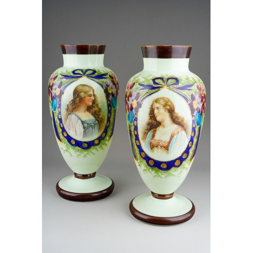 60 - Pair of Victorian opaline vases decorated with portraits of ladies, bows and flowers. Glows under UV... 