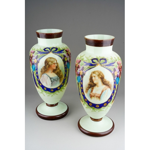 60 - Pair of Victorian opaline vases decorated with portraits of ladies, bows and flowers. Glows under UV... 