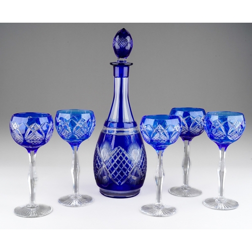 62 - Blue glass decanter with 5 matching wine glasses