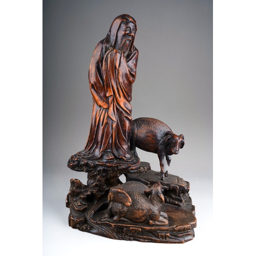 Carved Chinese Treen figure of shepherd and sheep, approx 38 cm tall