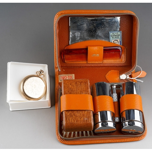 406 - Gentlemen's travel Grooming set in case together with gold plated pocket watch by Illinois