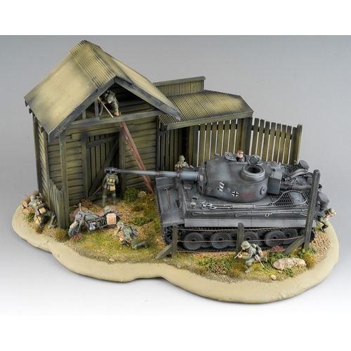 409 - A 21st century scale model World War II diorama of German troops with panzer tank by a barn with tro... 