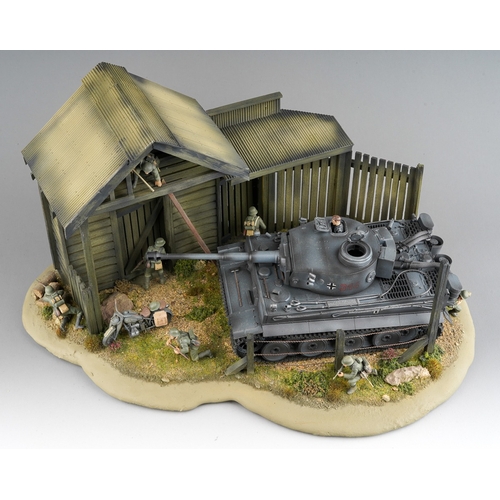 409 - A 21st century scale model World War II diorama of German troops with panzer tank by a barn with tro... 