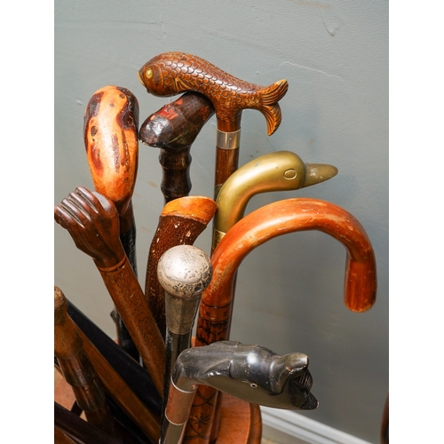 414 - Collection of Walking sticks in a stand to include a silver topped ones, brass, horn  and carved woo... 