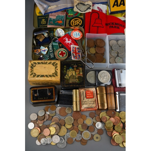 416 - Box of collectables, coins, badges, etc, including East India Company, Russian paper Mache box etc.