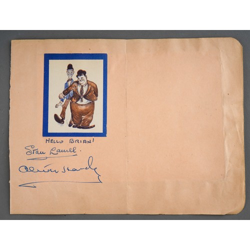 420 - Stan Laurel and Oliver Hardy - Signed small photo card - Hello Brian ! And signed on the bottom by t... 