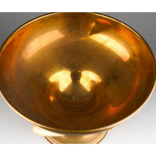 424 - Copper bowl with 3 boars tusk supports, marked Genuine Gold Bronze and Delphi Silver Co. , approx.. ... 