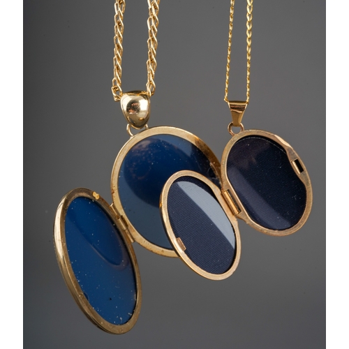 532 - Two modern 9ct gold oval lockets on chains, the larger locket with foliate engraved cover, chain len... 