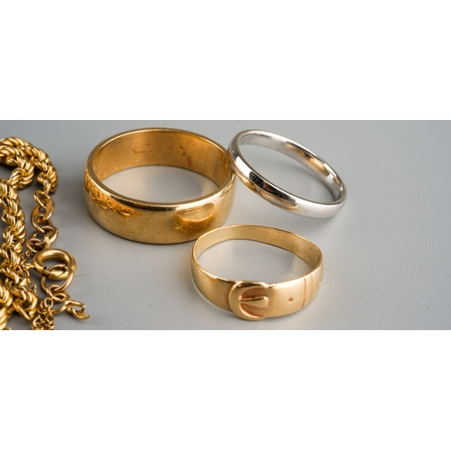 533 - Two 9ct gold band rings, a 9ct gold buckle ring, a 9ct gold rope twist necklace and matching bracele... 