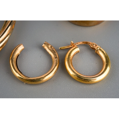 534 - Three pairs of 9ct gold hoop earrings, the largest pair of hollow rope twist design, diameter 55mm, ... 