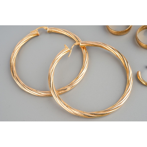 534 - Three pairs of 9ct gold hoop earrings, the largest pair of hollow rope twist design, diameter 55mm, ... 