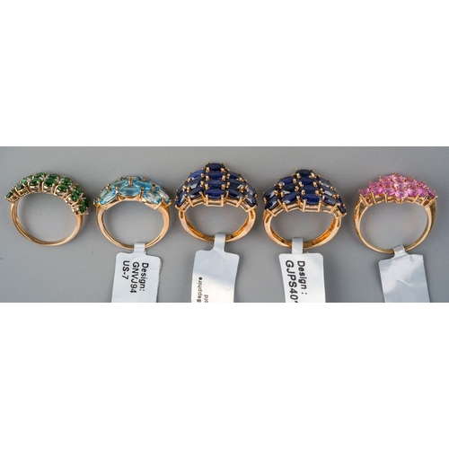 537 - Five modern 9ct gold dress rings, set with coloured gem stones, four with tags attached, labelled as... 