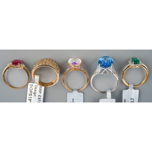 539 - Five modern 9ct gold dress rings, three with labels attached, including 'Mercury Mystic Topaz and Di... 