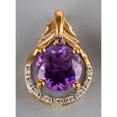 581 - Gemporia 9ct gold amethyst and colourless gem pendant earring set, weight 4.5 grams.