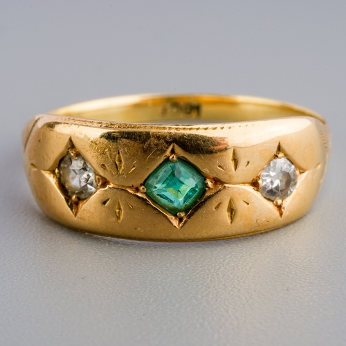 599 - Emerald and diamond gypsy style ring set with diamonds and emerald,  18ct gold, gross weight 2.4g