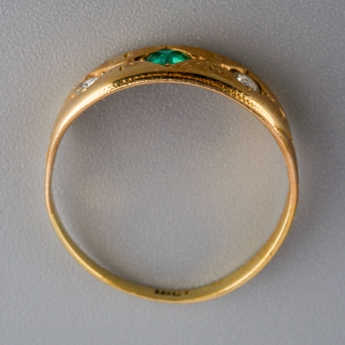 599 - Emerald and diamond gypsy style ring set with diamonds and emerald,  18ct gold, gross weight 2.4g