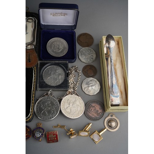 752 - Collection of coins, costume jewellery and silver items to include silver sugar tongs (29g), silver ... 