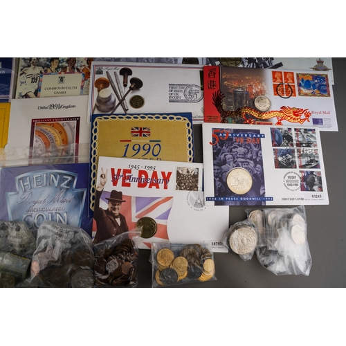 964 - A collection of British and World coins and stamps in packs and loose, including seven United Kingdo... 