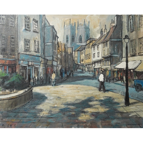 1067 - Tom Durkin (1928-1990), oil on canvas of streets of York with cathedral in the background. Signed Du... 