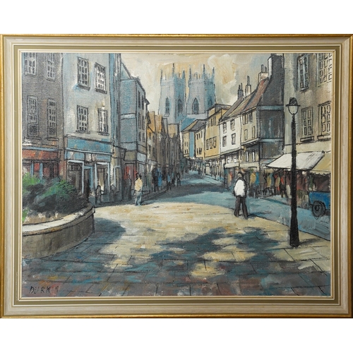 1067 - Tom Durkin (1928-1990), oil on canvas of streets of York with cathedral in the background. Signed Du... 