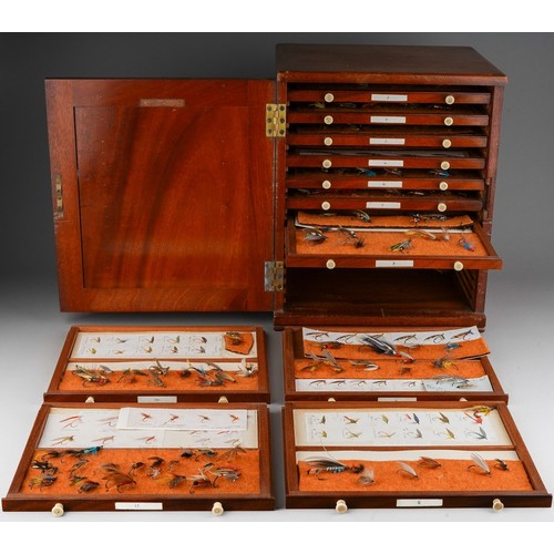 423 - Antique Mahogany drawers filled with salmon and trout fishing flies, used as a shop display by fishi... 