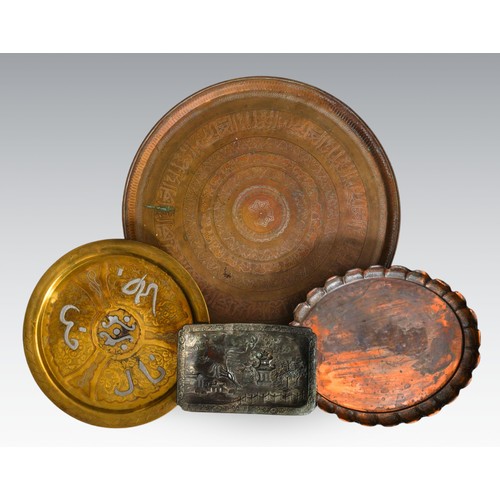 330 - Three various circular metal trays / table  top and a Japanese rectangular plated plaque cast with t... 