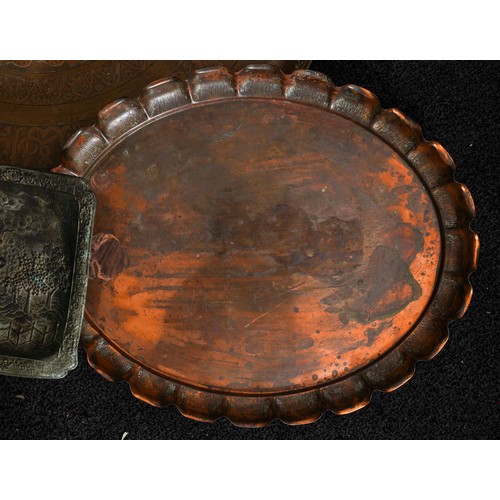 330 - Three various circular metal trays / table  top and a Japanese rectangular plated plaque cast with t... 