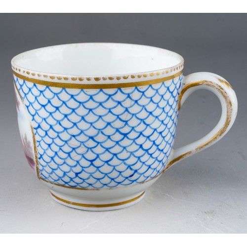 332 - A 19th century Sevres porcelain coffee cup, blue fish scale design with vignette of an exotic bird s... 