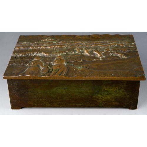 336 - A first half 20th century bronze cigarette box, the hinged lid cast with a scene of a stormy sea wit... 