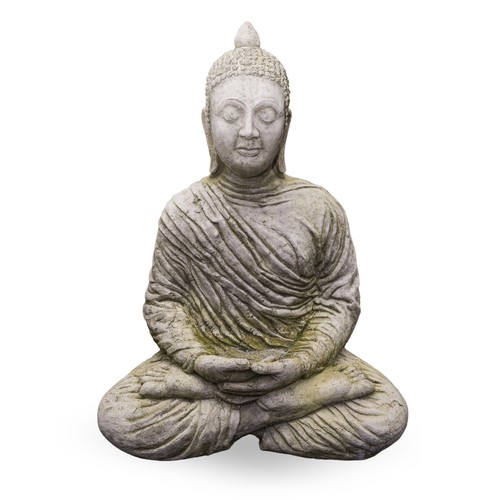 468 - A reconstituted concrete garden figure of a seated buddha, height 82cm x width of base 61cm