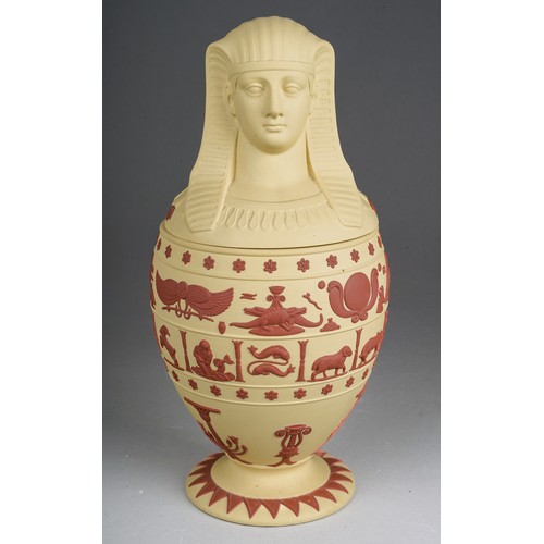 136 - A late 20th century Wedgwood primrose yellow and terracotta jasperware canopic jar and cover, Egypti... 