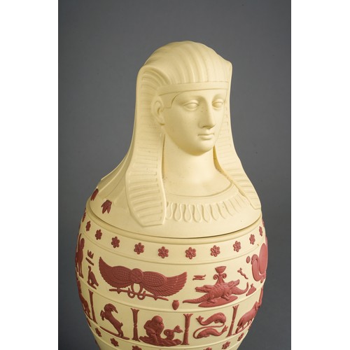 136 - A late 20th century Wedgwood primrose yellow and terracotta jasperware canopic jar and cover, Egypti... 