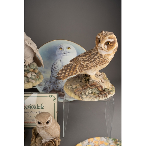 18 - A Royal Crown Derby Barn Owl, boxed together with a collection of Seven Scottish Teviotdale Owls and... 