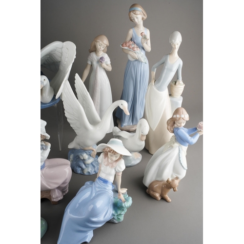 23 - Two boxes of sixteen Nao figures of birds and girls and ladies, including Swan and cygnet no. 1358, ... 