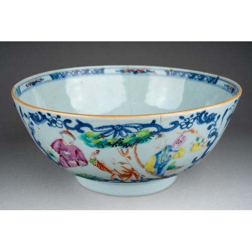 29 - A Chinese Export blue and white bowl decorated with figures within blue scrolling cartouches, the ce... 