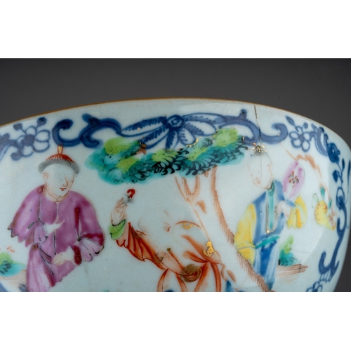 29 - A Chinese Export blue and white bowl decorated with figures within blue scrolling cartouches, the ce... 