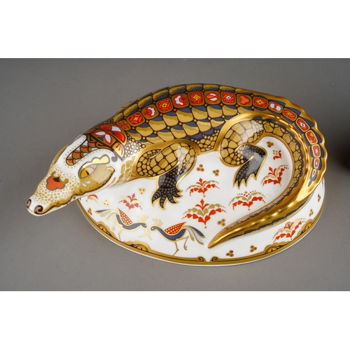 34 - Two Royal Crown Derby paperweights, Crocodile and Bengal Tiger Cub, both first quality with gold sto... 