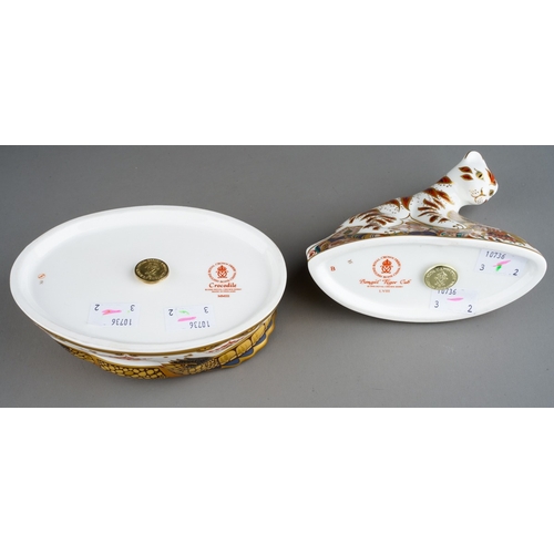 34 - Two Royal Crown Derby paperweights, Crocodile and Bengal Tiger Cub, both first quality with gold sto... 