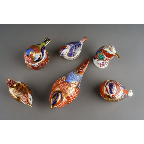 40 - Six Royal Crown Derby paperweights in the form of birds, comprising Pheasant, Hummingbird, Wren, Cha... 