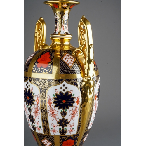 49 - A Royal Crown Derby Imari 1128 large two handled urn, ovoid shape on plinth base, approx 42cm high