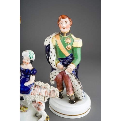 54 - Four Staffordshire models to include: 
1. HRH Prince Albert in green tunic, Garter medals, ermine ro... 