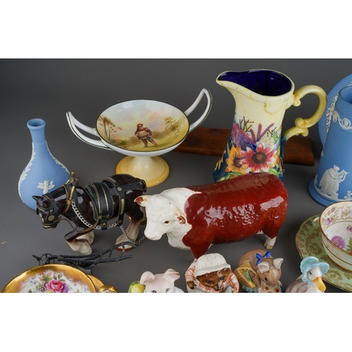 57 - Assorted  ceramics to include: a Staffordshire recumbant Ram, 8cm long, a Royal Doulton Falstaff taz... 