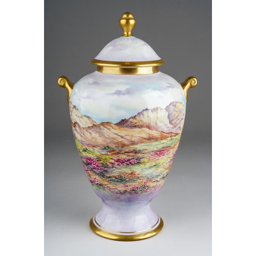 59 - Peter Gosling: A 20th Century English bone china vase and cover, the body hand painted with Highland... 