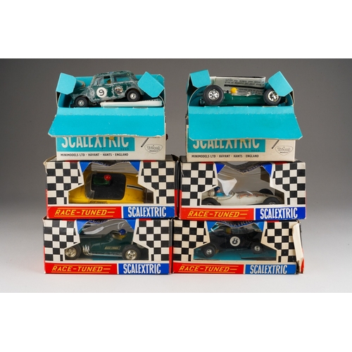 Tri-Ang: six vintage Scalextric boxed model racing cars to include C/82 Lotus, C79 Offenhauser Grand Prix, C83 Sunbeam Tiger, C/89 B.R.M, C/76 Mini Cooper amd C5 Europa Vee [6]