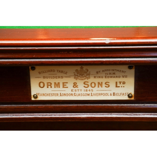 379 - An early 20th century walnut framed Orme & Sons billiard table, maker's ivorine trade label, five se... 