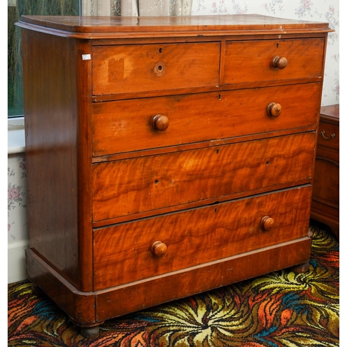 389 - A Victorian satin walnut and pine chest of two short above three long graduated drawers, turned wood... 