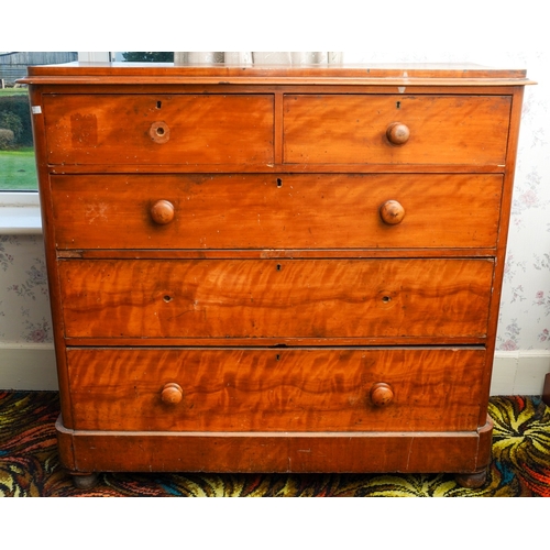 389 - A Victorian satin walnut and pine chest of two short above three long graduated drawers, turned wood... 