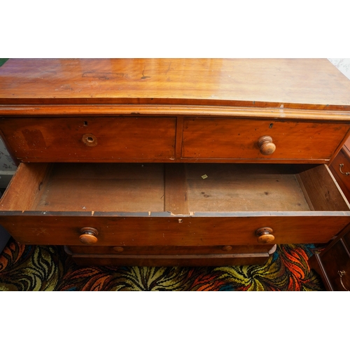 389 - A Victorian satin walnut and pine chest of two short above three long graduated drawers, turned wood... 