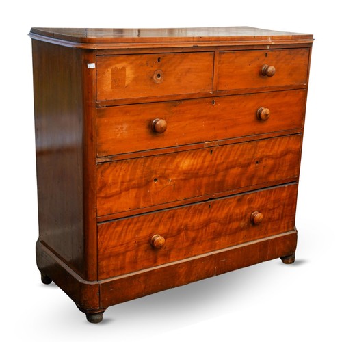 389 - A Victorian satin walnut and pine chest of two short above three long graduated drawers, turned wood... 